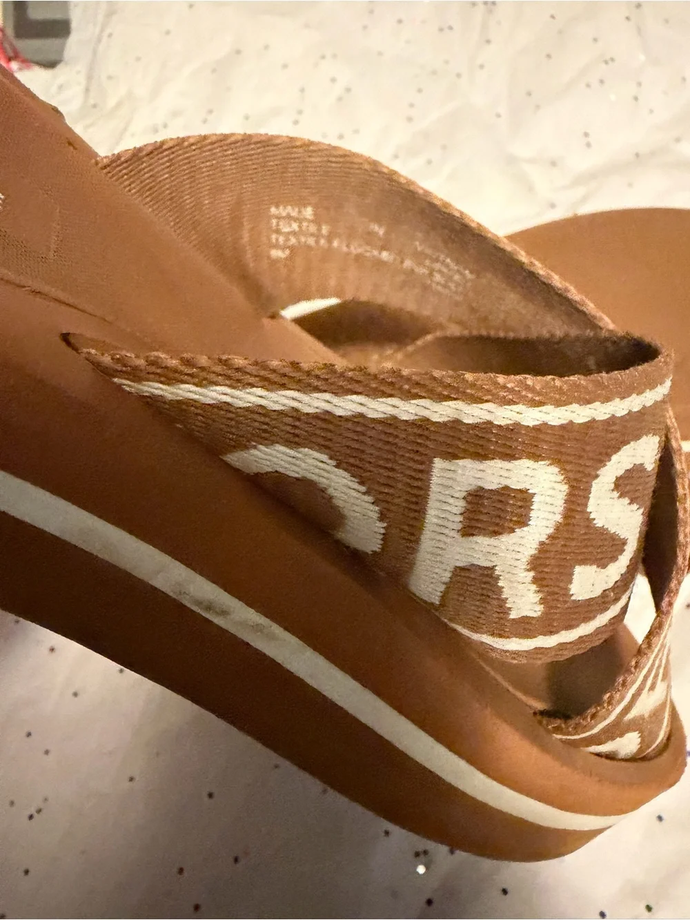 Michael Kors Brown and White Logo Crossband Slide Sandals